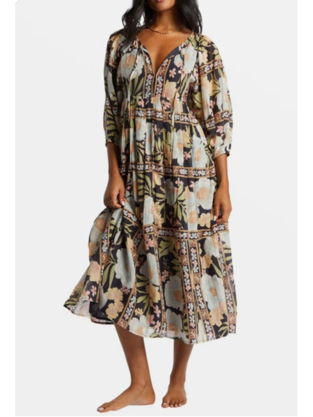 Billabong Lost Cove Midi Dress L Black Floral Cotton Gauze Boho Puff Sleeve - Picture 12 of 12